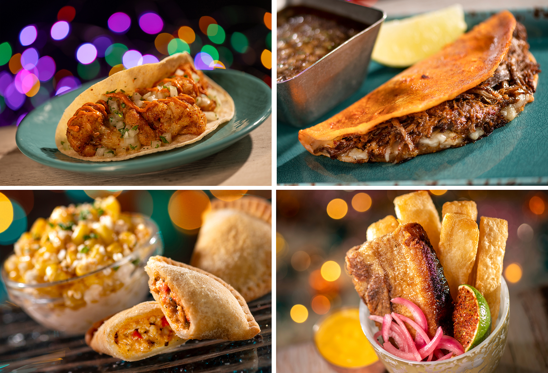 Collage of four dishes showcasing mouthwatering food and beverages: a taco with shrimp, a quesabirria, an empanada with filling, and a bowl with roasted pork belly, yucca fries, and pickled onions. Perfect bites to enjoy during Disney Jollywood Nights 2024.