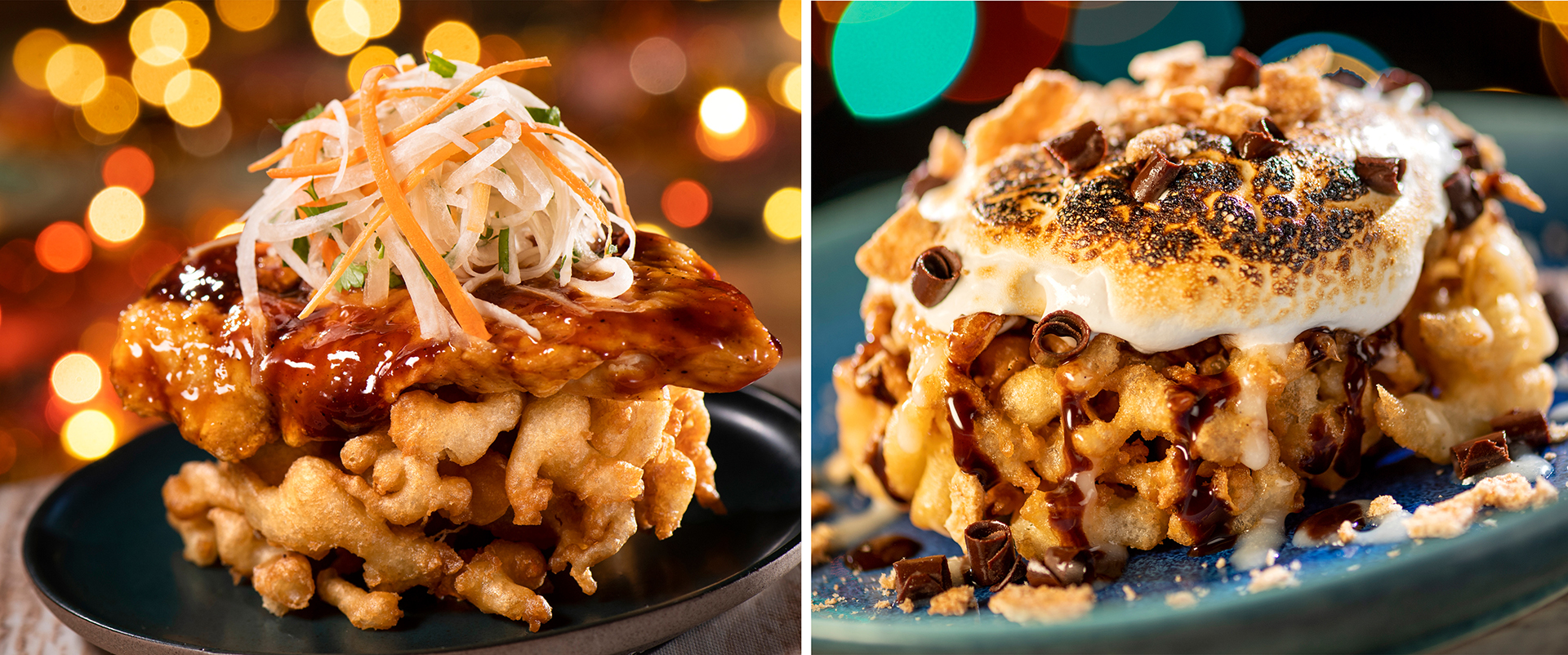 Two plates of food: on the left, a dish with fried chicken topped with shredded vegetables; on the right, a dessert with whipped cream and chocolate shavings on a waffle. Both dishes are set against colorful backgrounds, perfect for enjoying at Disney Jollywood Nights 2024.