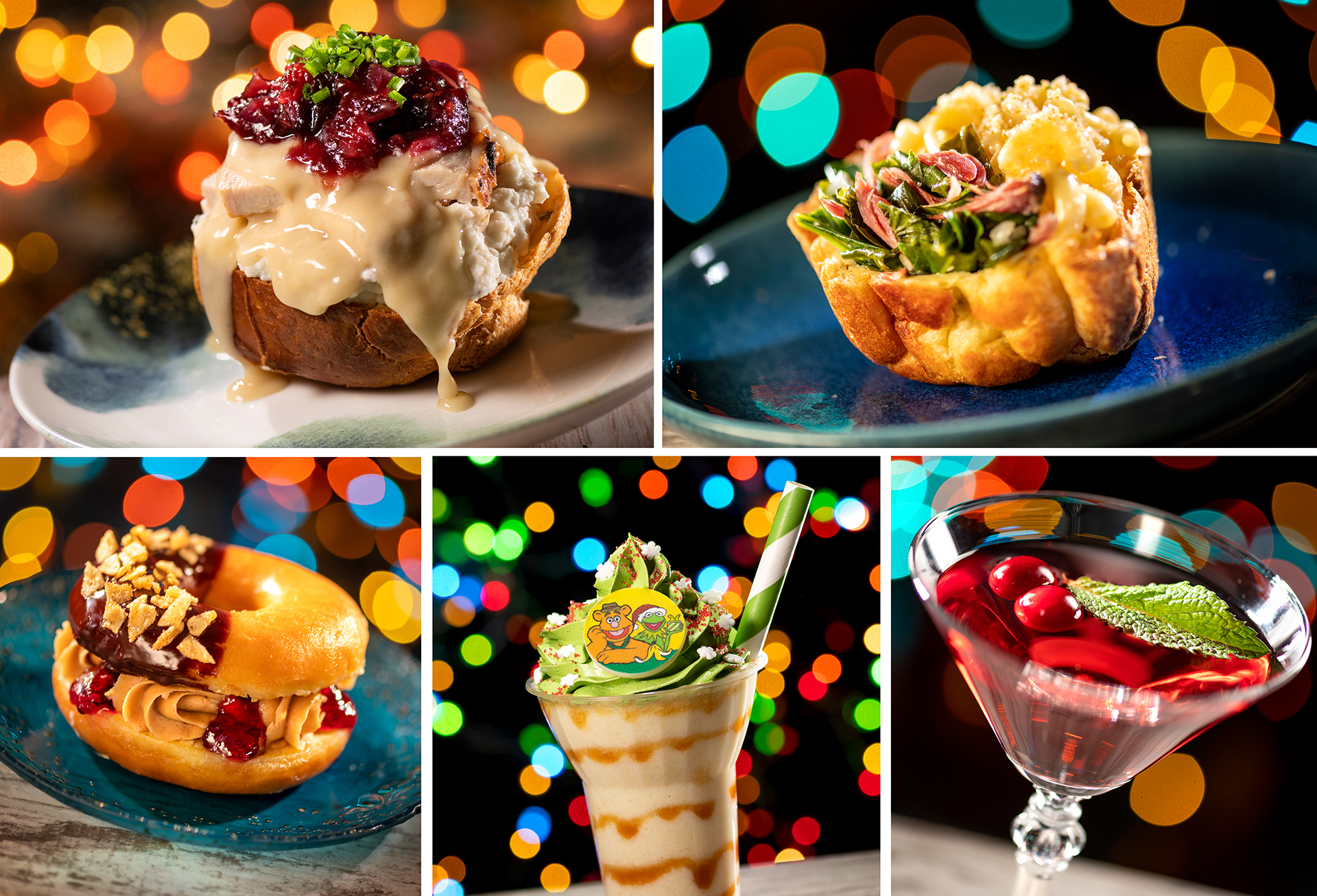A collage of food and drink images: a stuffed bun, a salad in a crispy shell, a donut dessert, a festive milkshake, and a cocktail, all set against a colorful bokeh background reminding you of Disney Jollywood Nights 2024.
