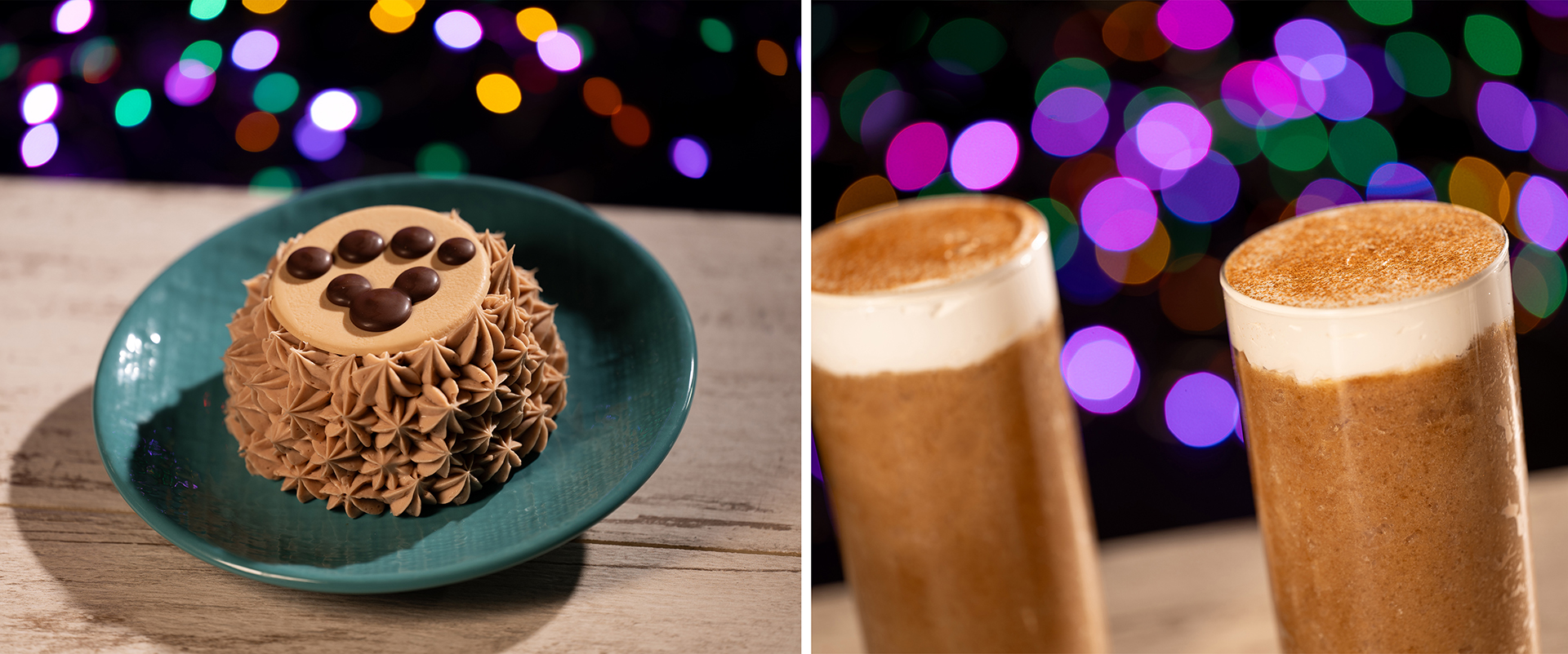 A dessert with frosting and chocolate decor on a green plate is shown next to two tall glasses of a foamy beverage, perfectly capturing the festive spirit of Disney Jollywood Nights against a backdrop of colorful lights.