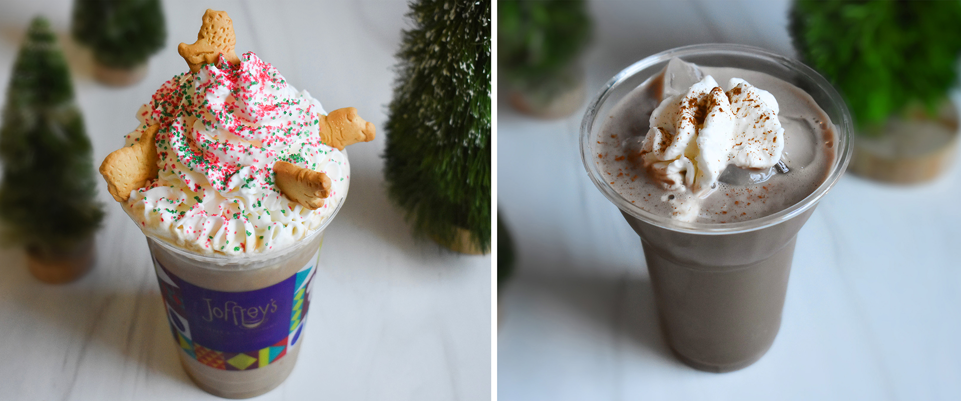 Discover the magic of Disney Jollywood Nights with two delightful holiday-themed beverages. One features whipped cream, animal-shaped cookies, and colorful sprinkles, while the other is dusted with a sprinkle of cinnamon. Both are served in festive plastic cups that celebrate the season's charm.