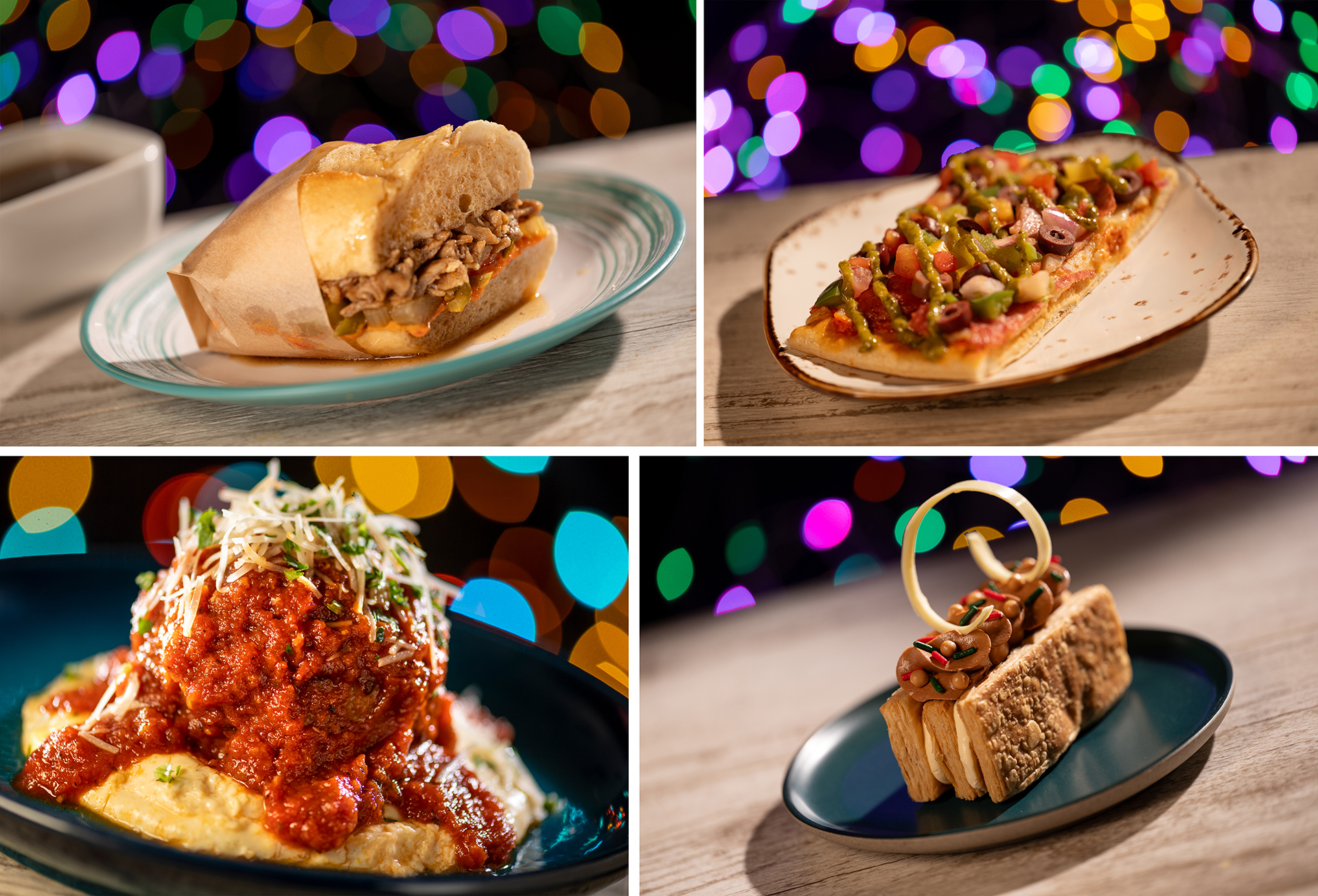 A collage of four different dishes including a sandwich, a flatbread with toppings, meatballs on polenta, and a dessert with cream and fruit on a blue plate against a bokeh background captures the essence of food and beverages at Disney Jollywood Nights 2024.