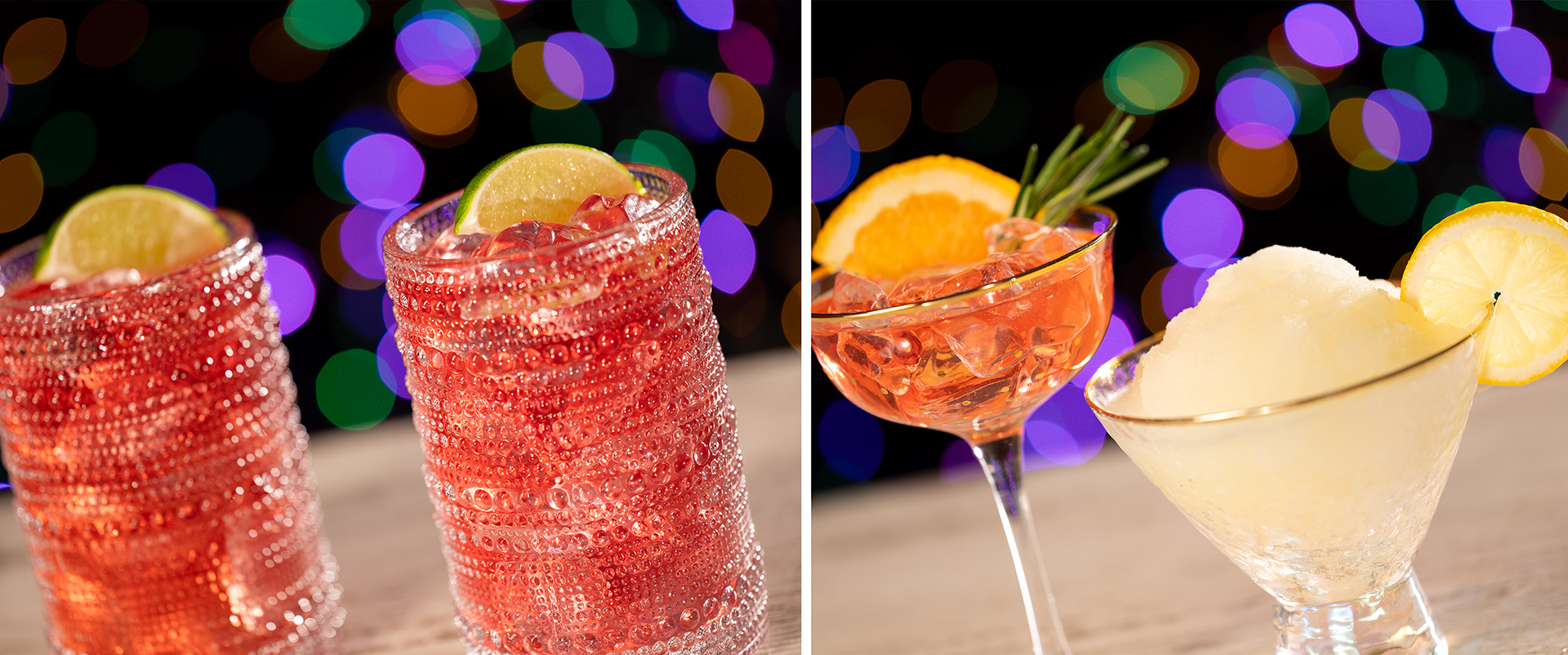 Two red cocktails with lime on the left, a cocktail with an orange slice, and a slushy drink with a lemon slice on the right; colorful bokeh lights in the background set the scene for Disney Jollywood Nights, where food and beverages take center stage.