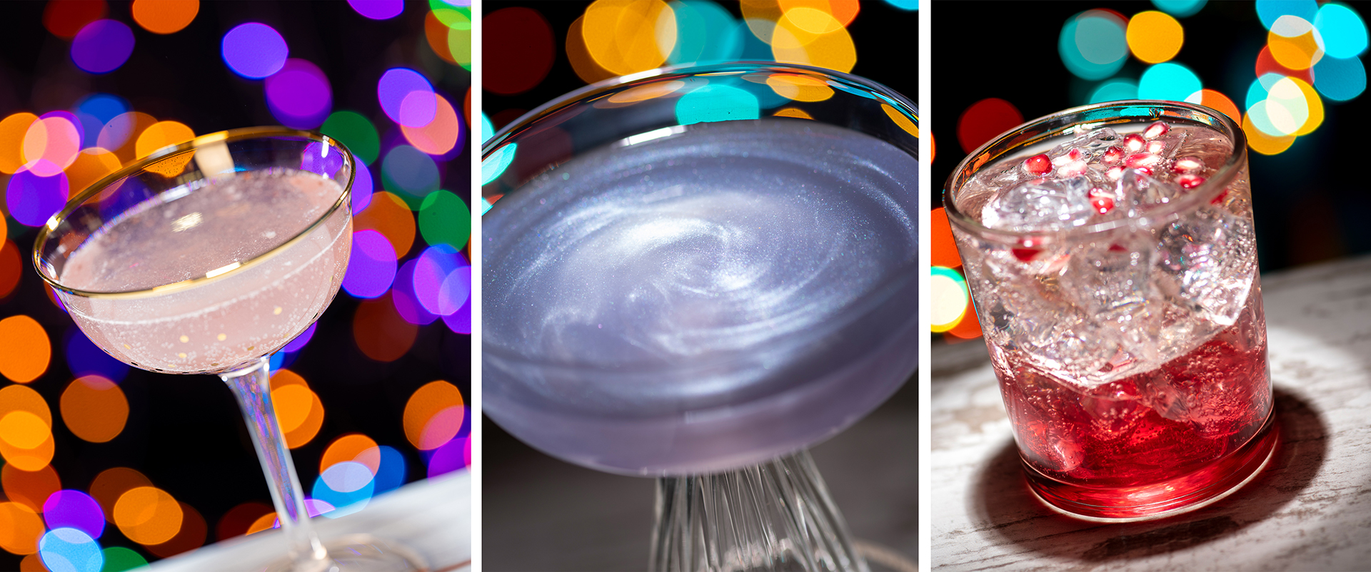 Three drinks against colorful bokeh lights: a champagne glass with a pink drink, a close-up of a swirl of purple drink, and a red cocktail with ice in a tumbler. Perfect for savoring Food and Beverages at Disney Jollywood Nights.