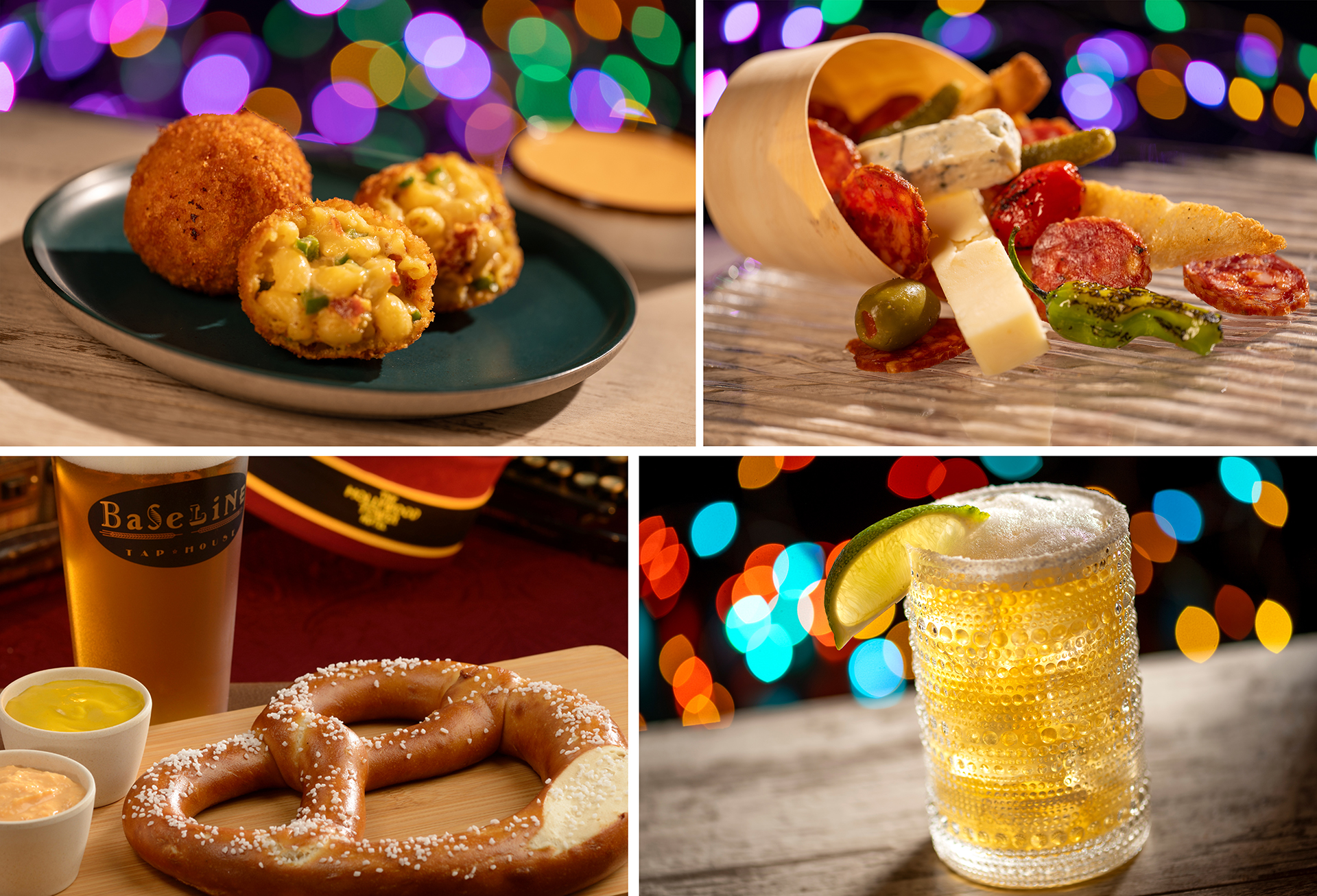 Collage of four food and beverage items: fried appetizers on a plate, assorted cheese and meats, a pretzel with dips next to a beer, and a fizzy drink with a lime slice. The background features colorful, blurry lights reminiscent of Disney Jollywood Nights.