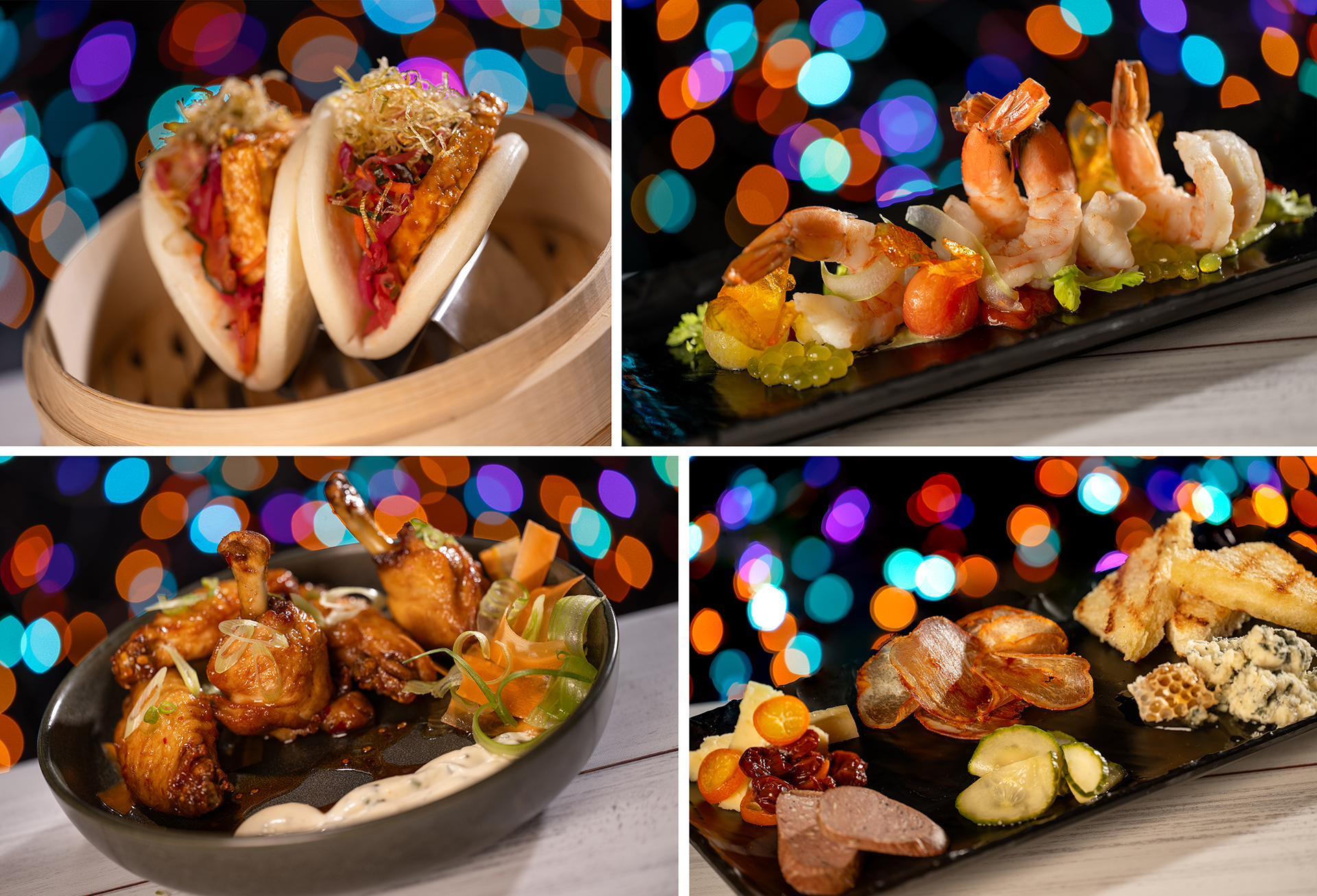 A collage of four different gourmet dishes: steamed buns with filling, a sushi platter with shrimp, a bowl of chicken wings with veggies, and a charcuterie board with various meats and cheeses at Disney Jollywood Nights 2024.