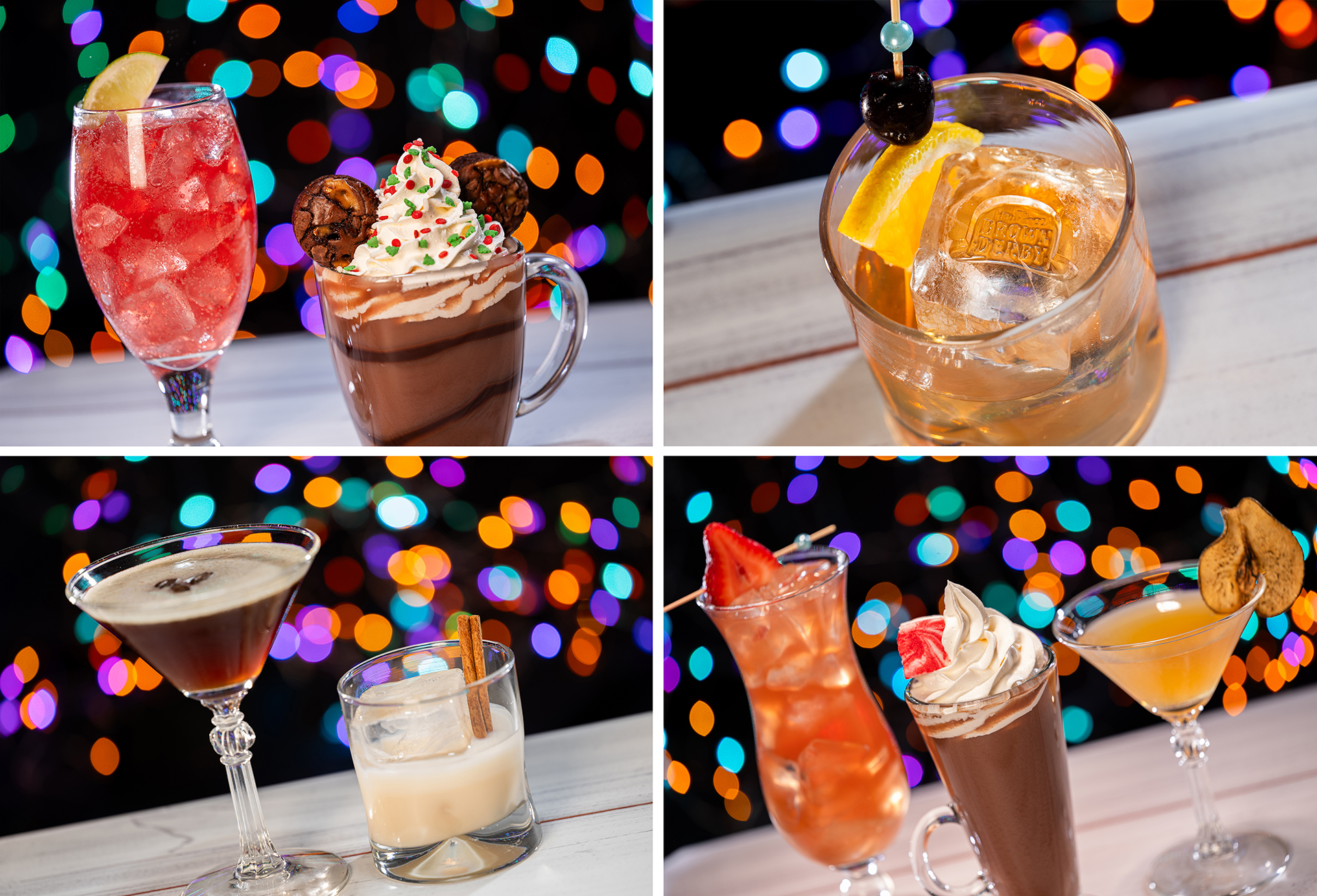 Four festive drinks are displayed against a background of colorful, blurry lights. The food and beverages include a hot chocolate with festive toppings, cocktails, and a creamy beverage with cinnamon garnish, capturing the magic of Disney Jollywood Nights.