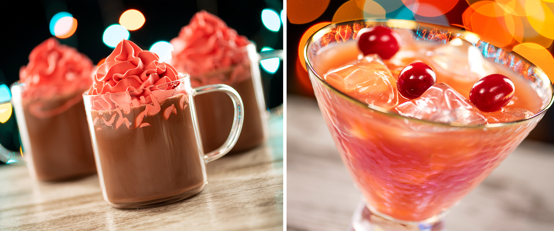The image depicts three mugs of hot chocolate topped with whipped cream on the left and a cocktail with cherries and ice in a glass on the right, capturing the festive spirit of Disney Jollywood Nights 2024.