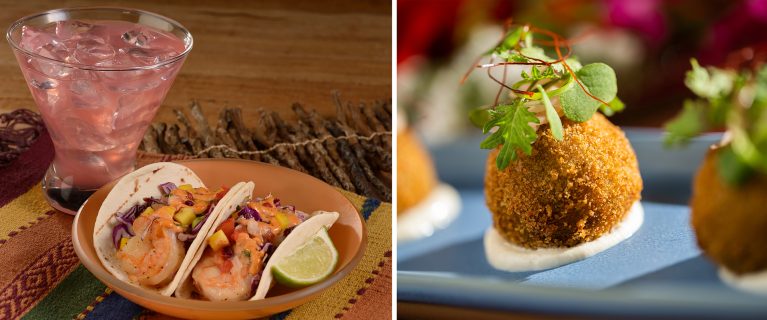 A plate with shrimp tacos and a lime wedge, beside a pink cocktail, celebrating Hispanic and Latin American Heritage Month. Another plate with breaded, fried appetizers garnished with fresh herbs. Enjoy these delicious offerings in the magical ambiance of Disneyland and Walt Disney World.