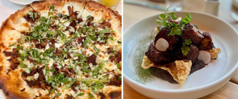 A well-done pizza topped with meat and herbs on the left, and an elegantly presented meat dish with vegetables on the right—perfect for celebrating Hispanic and Latin American Heritage Month.