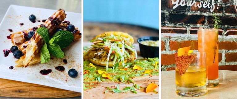 A three-part image celebrating Hispanic and Latin American Heritage Month shows a dessert with blueberries and mint, a taco with vibrant garnishes, and two cocktails garnished with fruit and herbs.