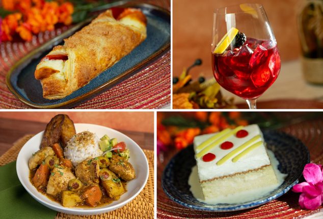 A collage of four food items celebrating Hispanic and Latin American Heritage Month: a pastry on a blue plate, a red drink in a wine glass with berries and lemon, a dish with vegetables and rice, and a slice of layered dessert on a plate with sauce.