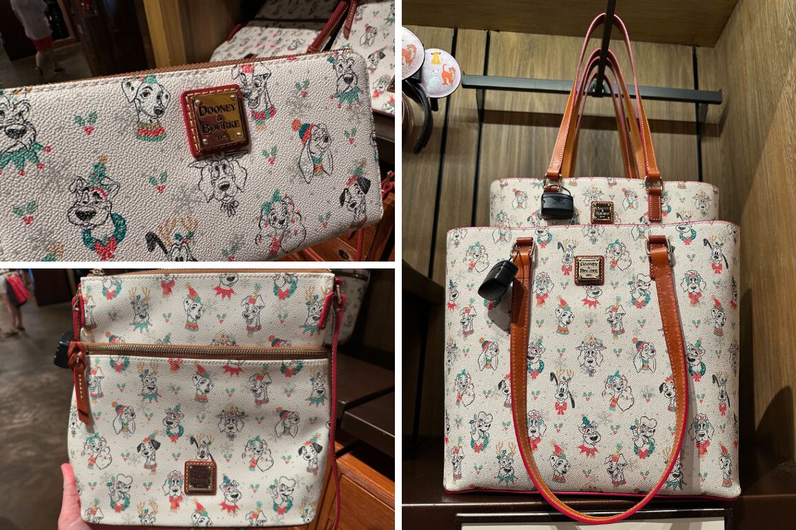 Three images of white handbags with Disney character patterns, featuring multiple zipper compartments and tan leather straps. The bags are displayed in a store setting.