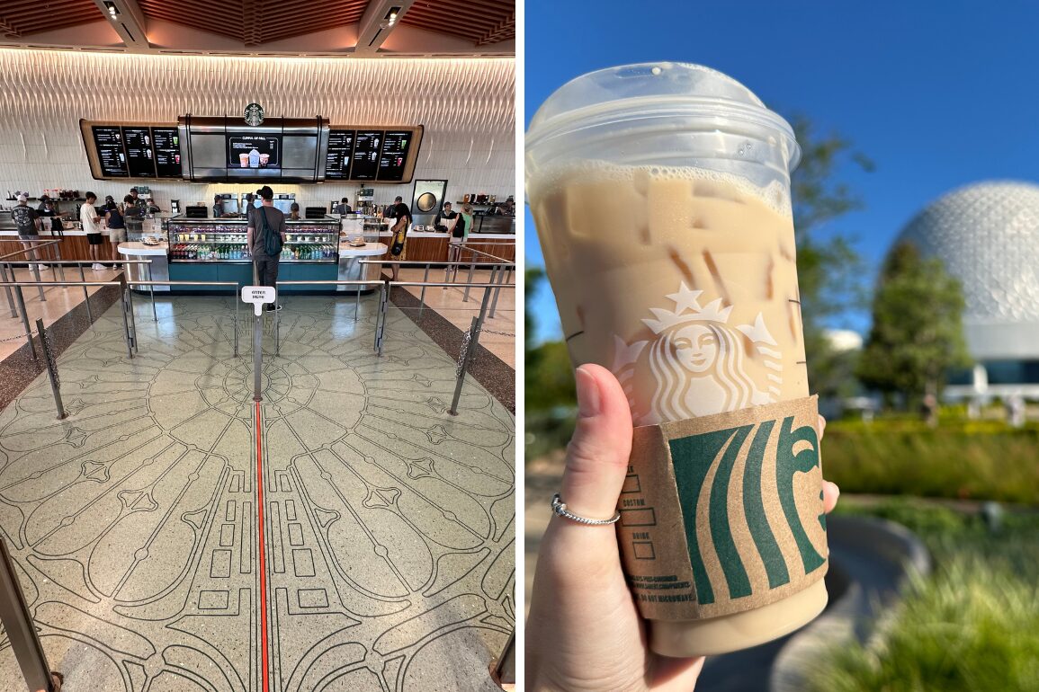 Two images: Left, a person standing at a Starbucks counter. Right, a hand holding a Starbucks iced coffee with a background of greenery and a large geodesic dome.