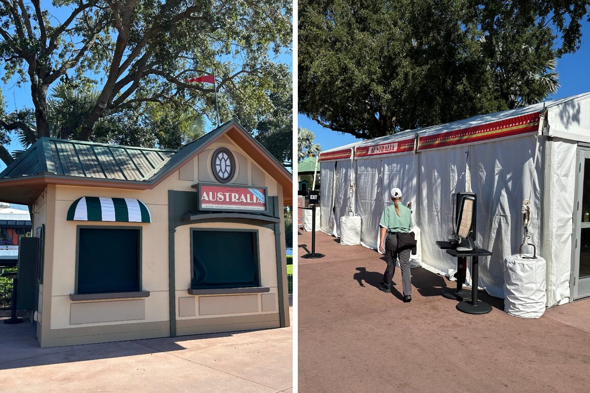 Two food stalls at an outdoor event. The left stall is labeled "Australia" and appears closed. The right stall is surrounded by white tents, with a person walking away from it. Trees are in the background.