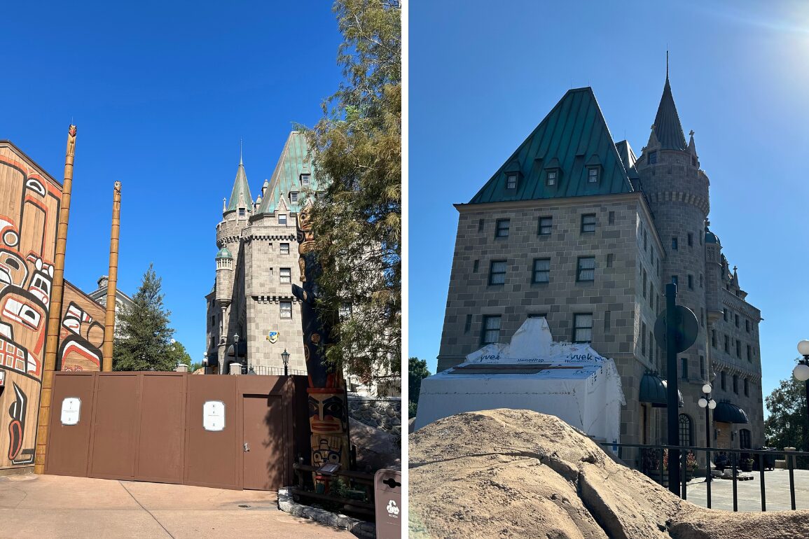Two side-by-side images show a castle with a brown construction wall on the left and a stone building with a green roof and a tower on the right. Both scenes are under clear blue skies.