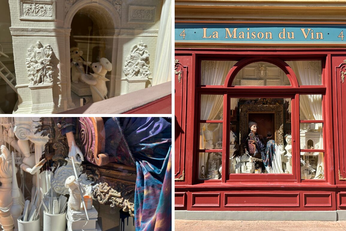 Three images depict wine-themed decorations within the storefront of "La Maison du Vin," featuring a small statue dressed in a robe and surrounded by wine-related ornaments and costumes.