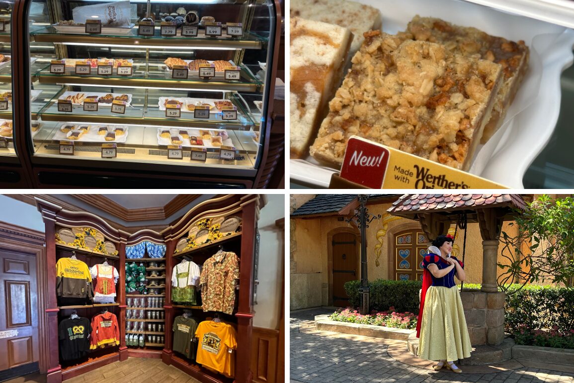 Four photo collage: a display of pastries in a bakery, a sandwich labeled 'Made with Werther's', a store showcasing colorful clothing and hats, and a person in a costume hugging another person outdoors.