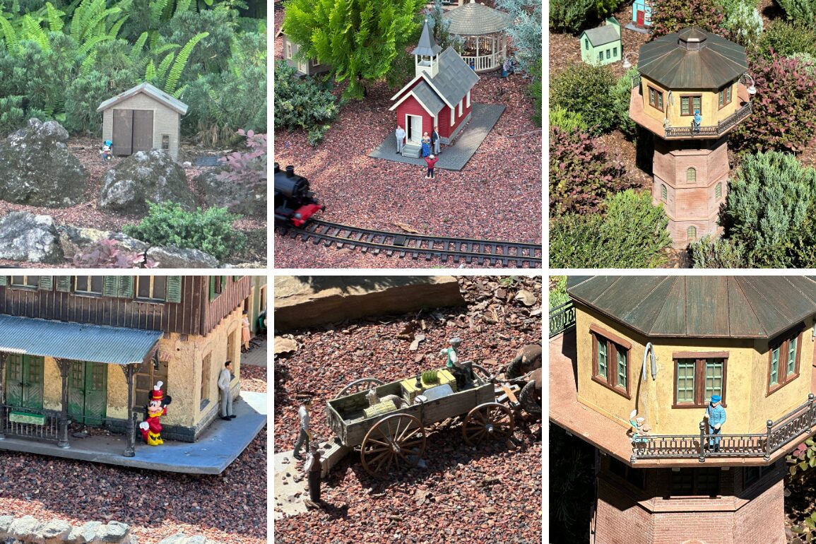 A collage showing miniature scenes: gardening shed, schoolhouse by a train track, tower with figures, building entrance with characters, horse-drawn wagon, and tower terrace with figures.