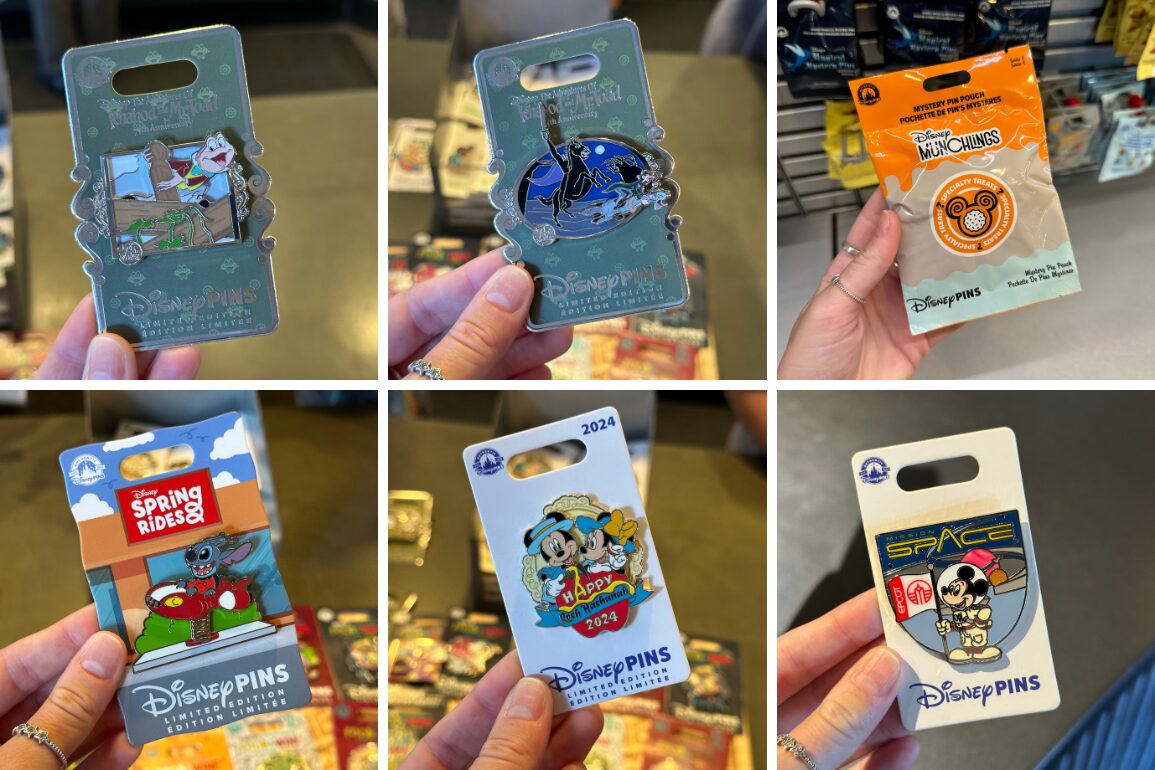Collage of six different Disney pin designs being held individually. Designs include characters and logos from various Disney attractions, including Space Mountain and Splash Mountain.