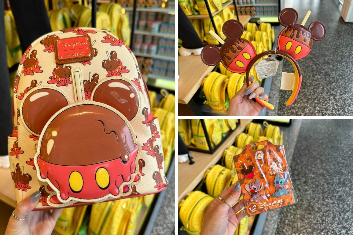 Collage of merchandise including a backpack with a chocolate Mickey Mouse design, a pair of Mickey Mouse ears headband, and a keychain set featuring various characters.