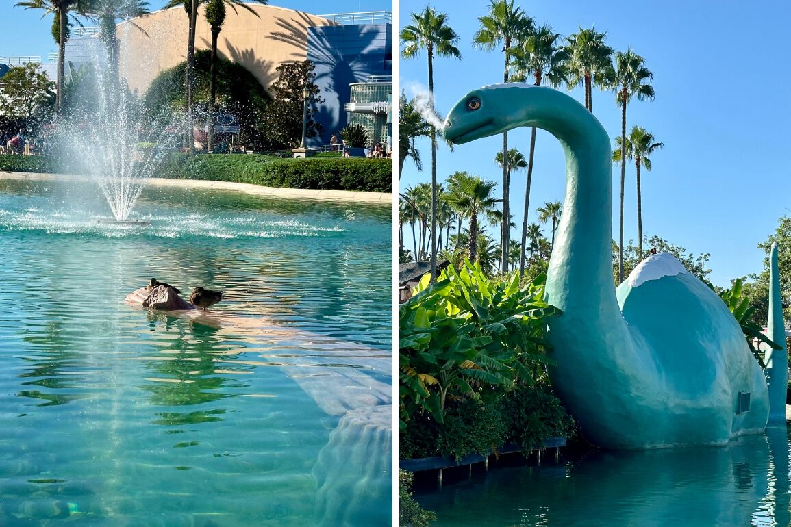 Left image: Person swimming in a clear pool with a fountain. Right image: Large statue of a green dinosaur next to palm trees and greenery.