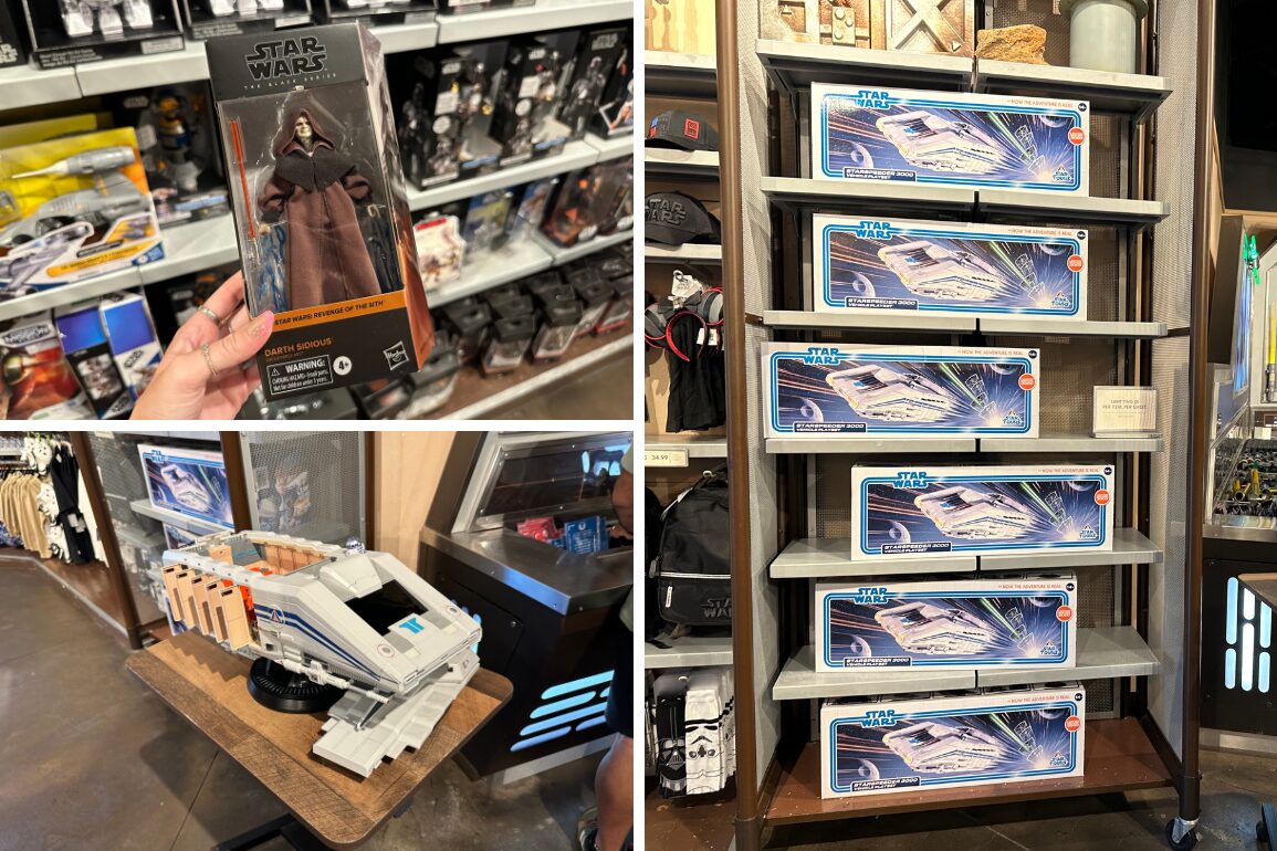 A store display featuring Star Wars merchandise, including action figures and toy ships. The photo shows shelves stocked with Star Wars-themed products in their packaging.