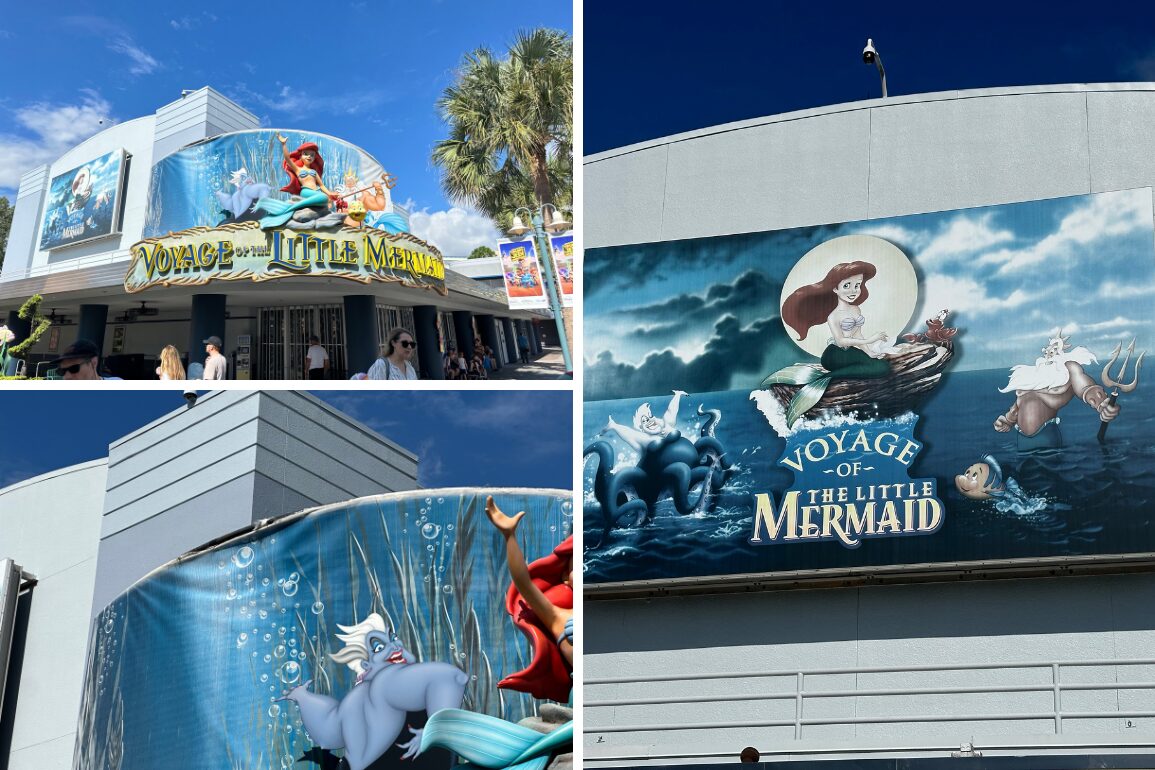 Collage of three images showing "Voyage of the Little Mermaid" attraction banners and signs on a building exterior against a blue sky. Characters like Ariel and Ursula are depicted on the signs.