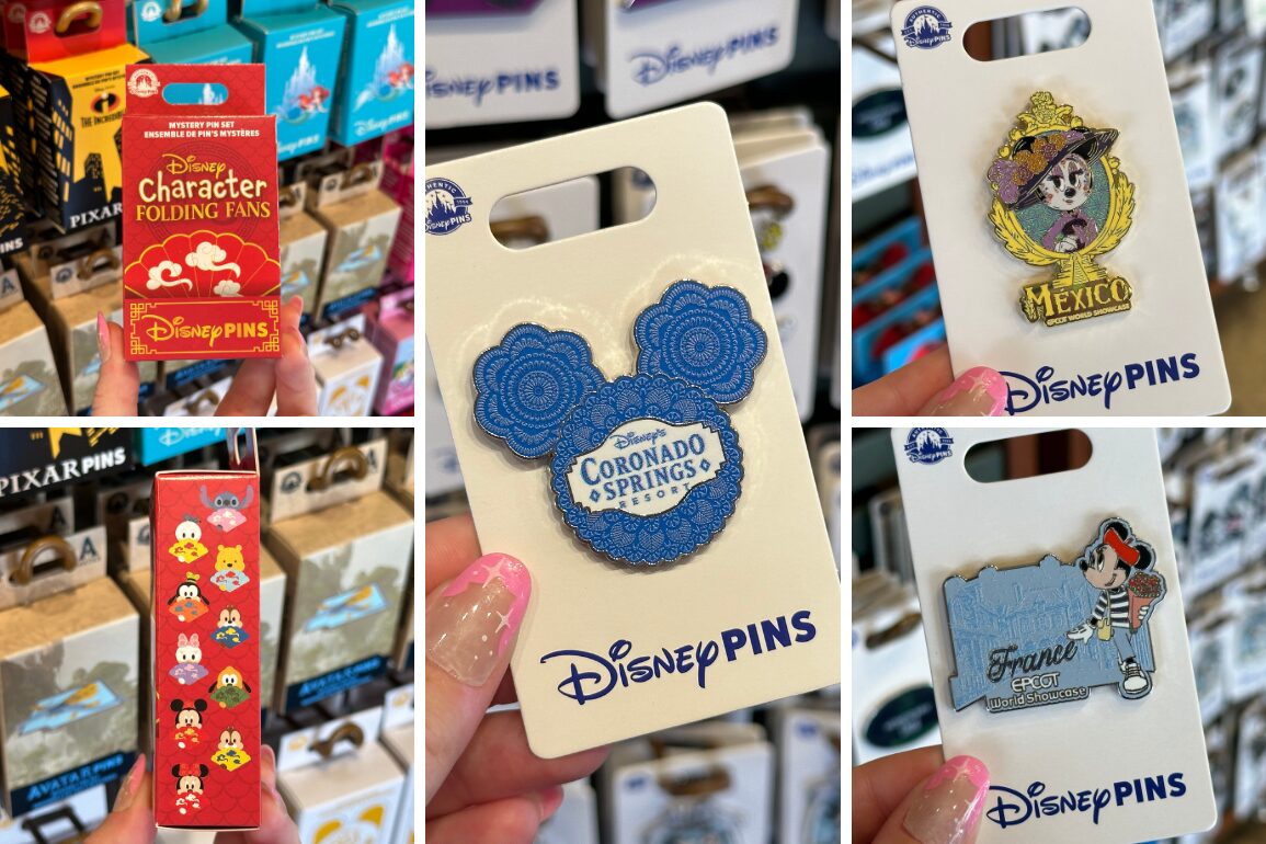A display with various Disney-themed merchandise including character folding fans and collectible pins showcasing designs like Coronado Springs, Mickey in Mexico, and Minnie in France.