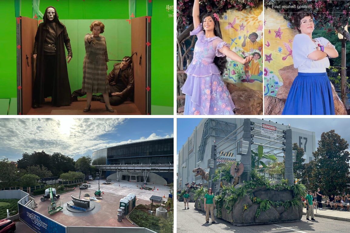 A daily recap collage of four images: actors in costumes on a green screen set, two characters posing with animated backgrounds, an outdoor construction site, and a dinosaur exhibit in a theme park setting.