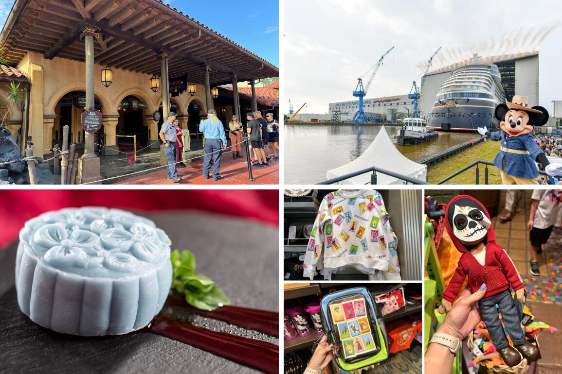 A collage of Disney scenes: people outside a building, a cruise ship with a Mickey Mouse mascot, a detailed dessert, and various Disney-themed merchandise—including clothing and a plush toy—provides the perfect daily recap of magical moments.