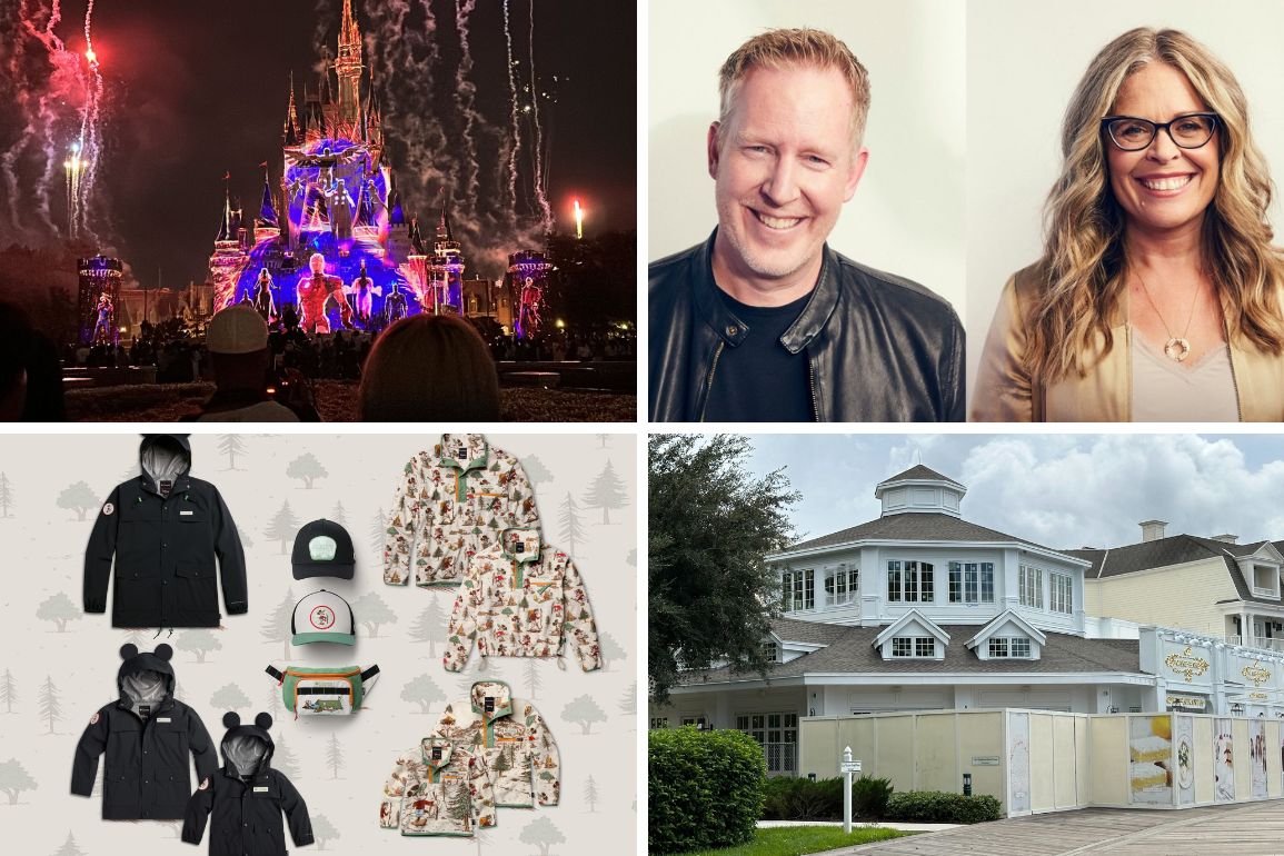 A nighttime fireworks display at a castle, a man and a woman smiling, various children's clothing items laid out, and a white building with a picket fence under a cloudy sky come together in this daily recap.