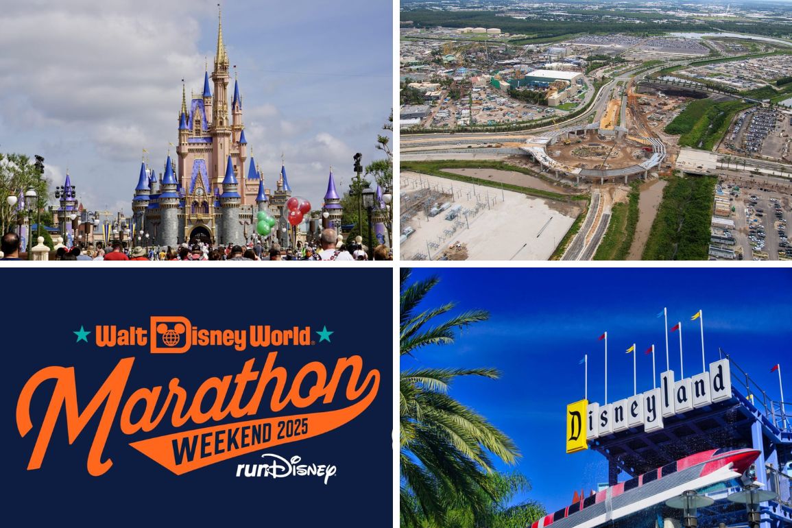 A collage featuring Walt Disney World's Cinderella Castle, construction of a highway, a "Marathon Weekend 2025" sign, the entrance sign to Disneyland, and a daily recap.
