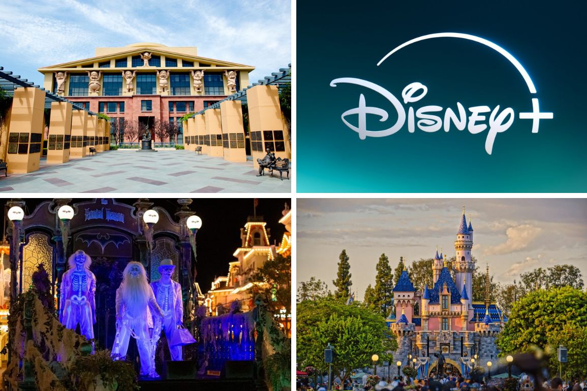 A collage of four images: The Disney+ logo, the Disney corporate office, Disney characters in a parade, and Sleeping Beauty Castle in Disneyland encapsulates a daily recap of the magic and wonder that defines Disney.