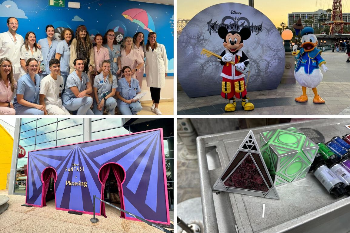 A collage of four images: a group of people in medical uniforms, Disney characters Mickey and Donald, an entrance with a sign reading "Fantasy & Phenomena," and a display of geometric sculptures. This visual daily recap captures diverse moments from healthcare to magical wonderlands.