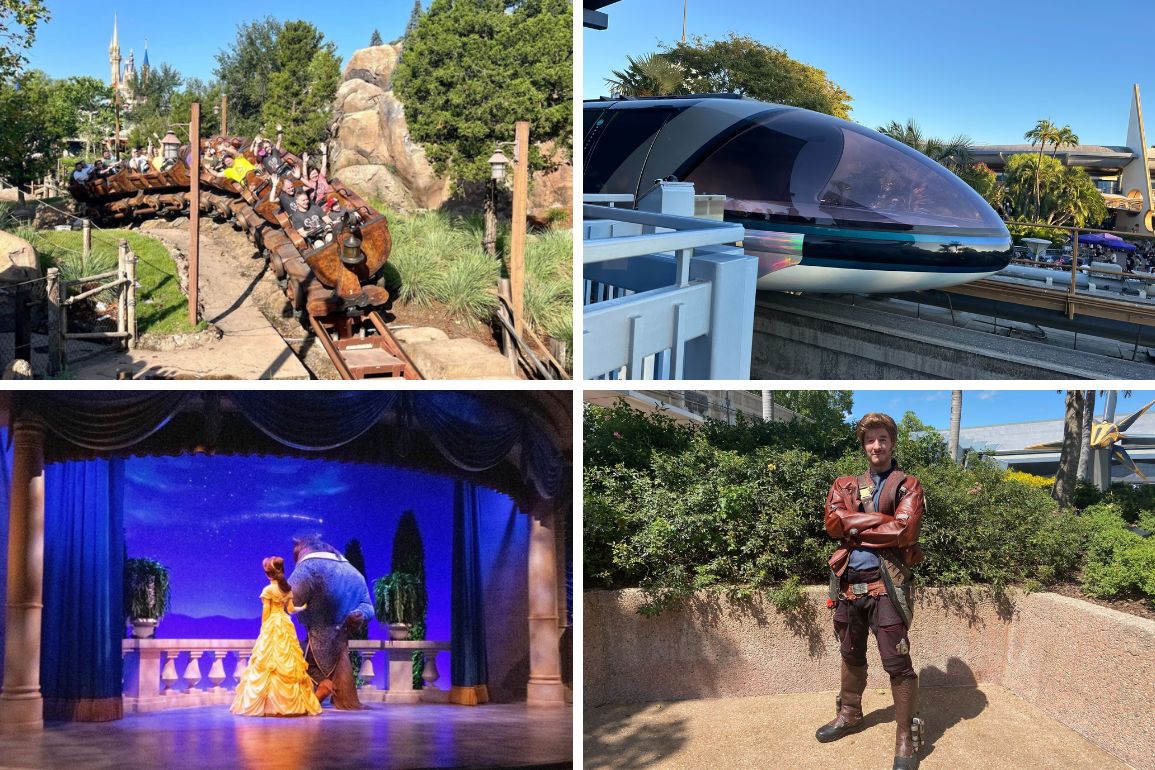 A collage of four images: top left shows people on a roller coaster, top right features a futuristic train, bottom left depicts a stage performance with actors in elaborate costumes, and bottom right shows a person in a costume standing outdoors—a vibrant daily recap of diverse experiences.