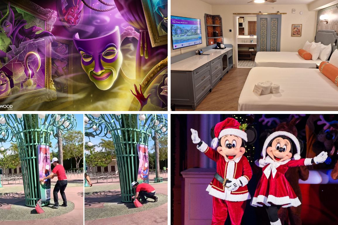 A collage of four images: a spooky mask with glowing eyes, a hotel room with two beds, a person in red adjusting a Christmas decoration, and two Christmas-themed characters in red and white outfits—your daily recap of festive and eerie moments.