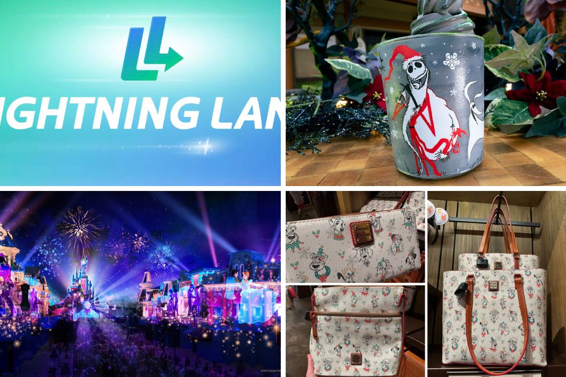 A collage of images showing the Lightning Lane logo, a holiday-themed mug, a nighttime theme park scene with fireworks, various floral and themed handbags, and a daily recap.