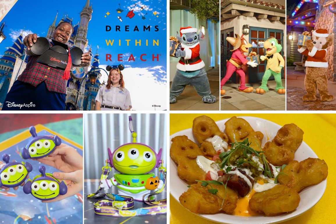 A collage with Disney characters, theme park scenes, Disney-branded merchandise, and a plate of fried food with garnish. The text reads "Dreams Within Reach" like a daily recap of magical moments.