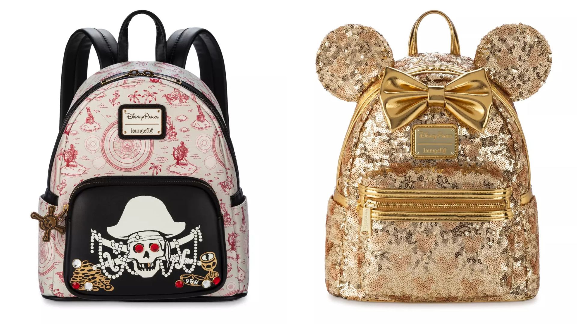 Two backpacks: one with black straps, white and red pirate design, and skull graphic; the other in gold sequins with mouse ears, a gold bow, and a front zipper pocket.
