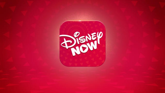 Red DisneyNOW app icon with a white logo, set against a red background with subtle geometric patterns.