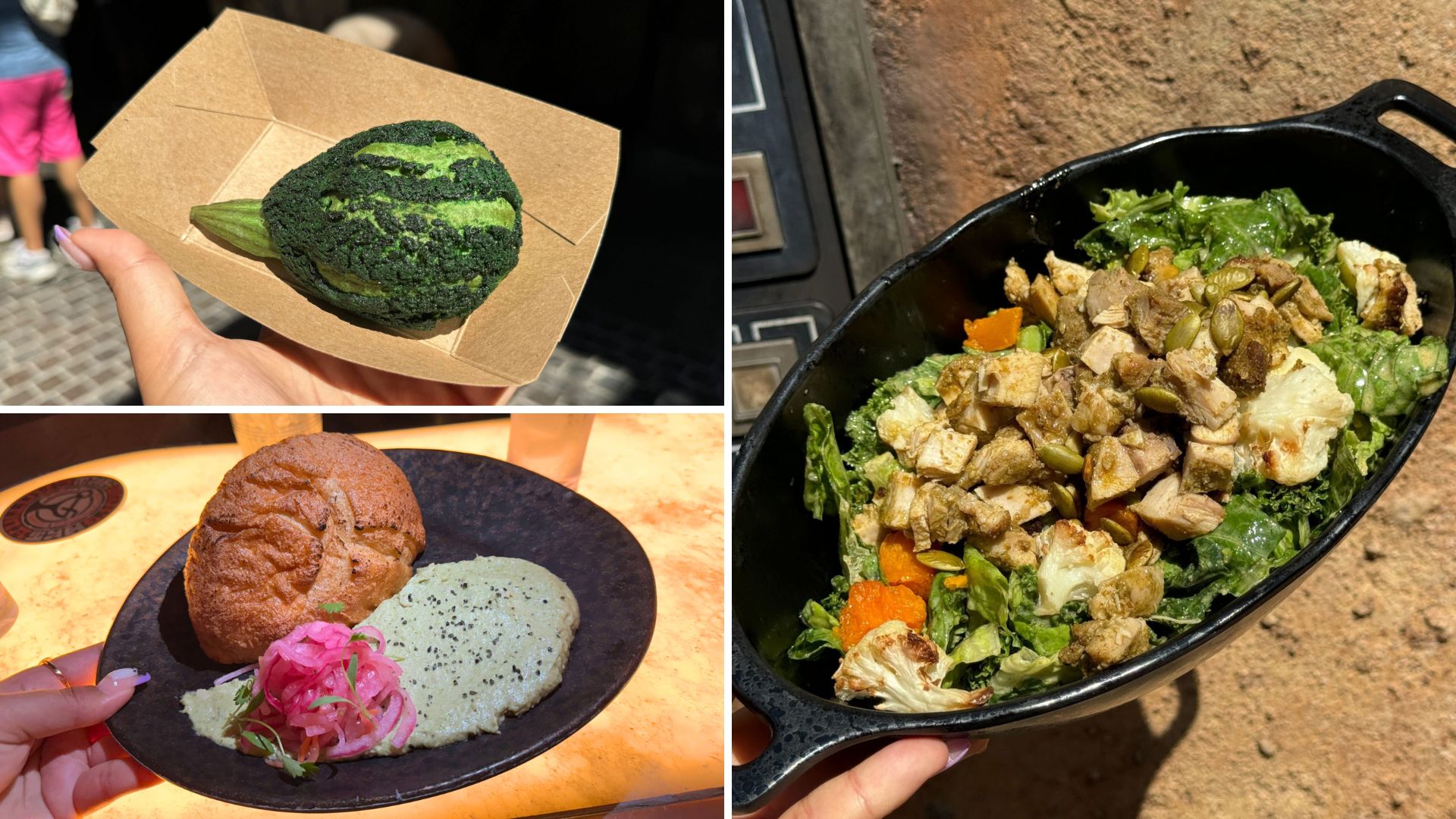 A collage of three food items reminiscent of a Batuu Harvest Festival: a roasted miniature broccoflower, a plate with a muffin and side sauce, and a mixed salad with varied vegetables and greens.