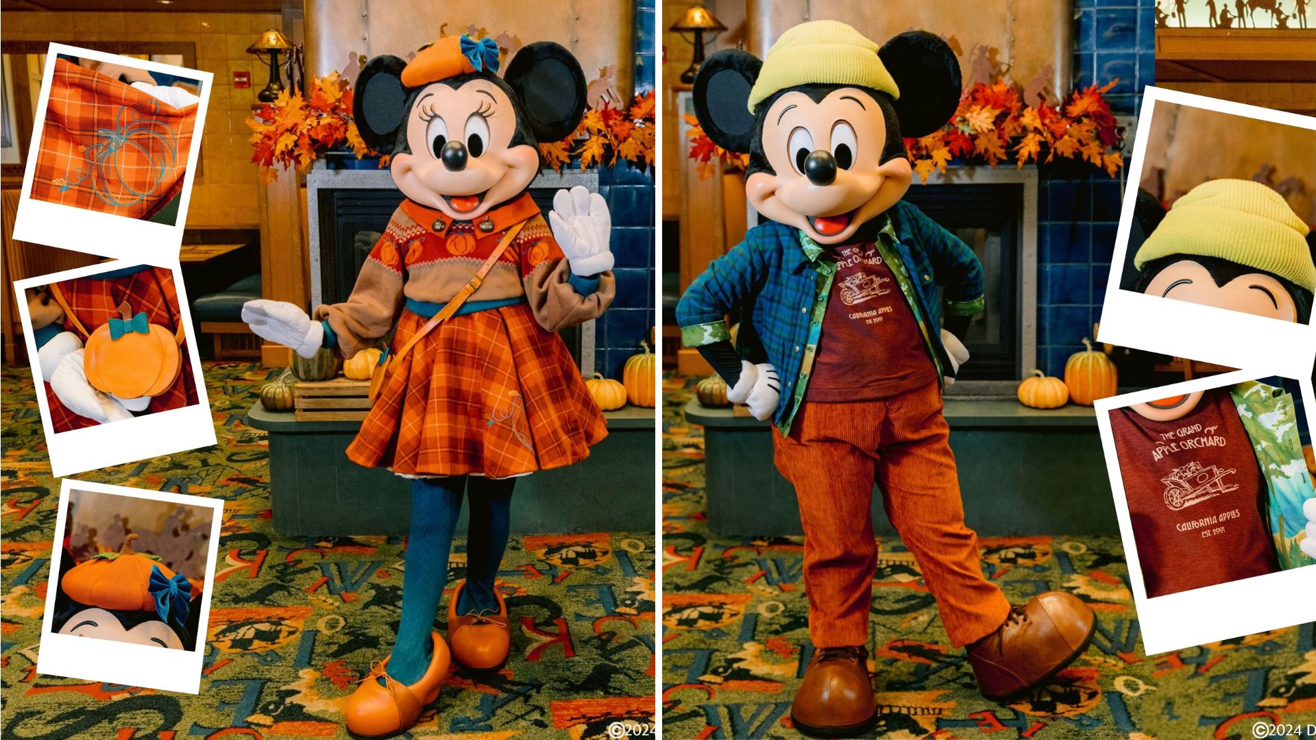 Minnie and Mickey Mouse in autumn-themed outfits stand beside a fireplace decorated with pumpkins. Polaroid-like frames show details of their outfits and accessories.