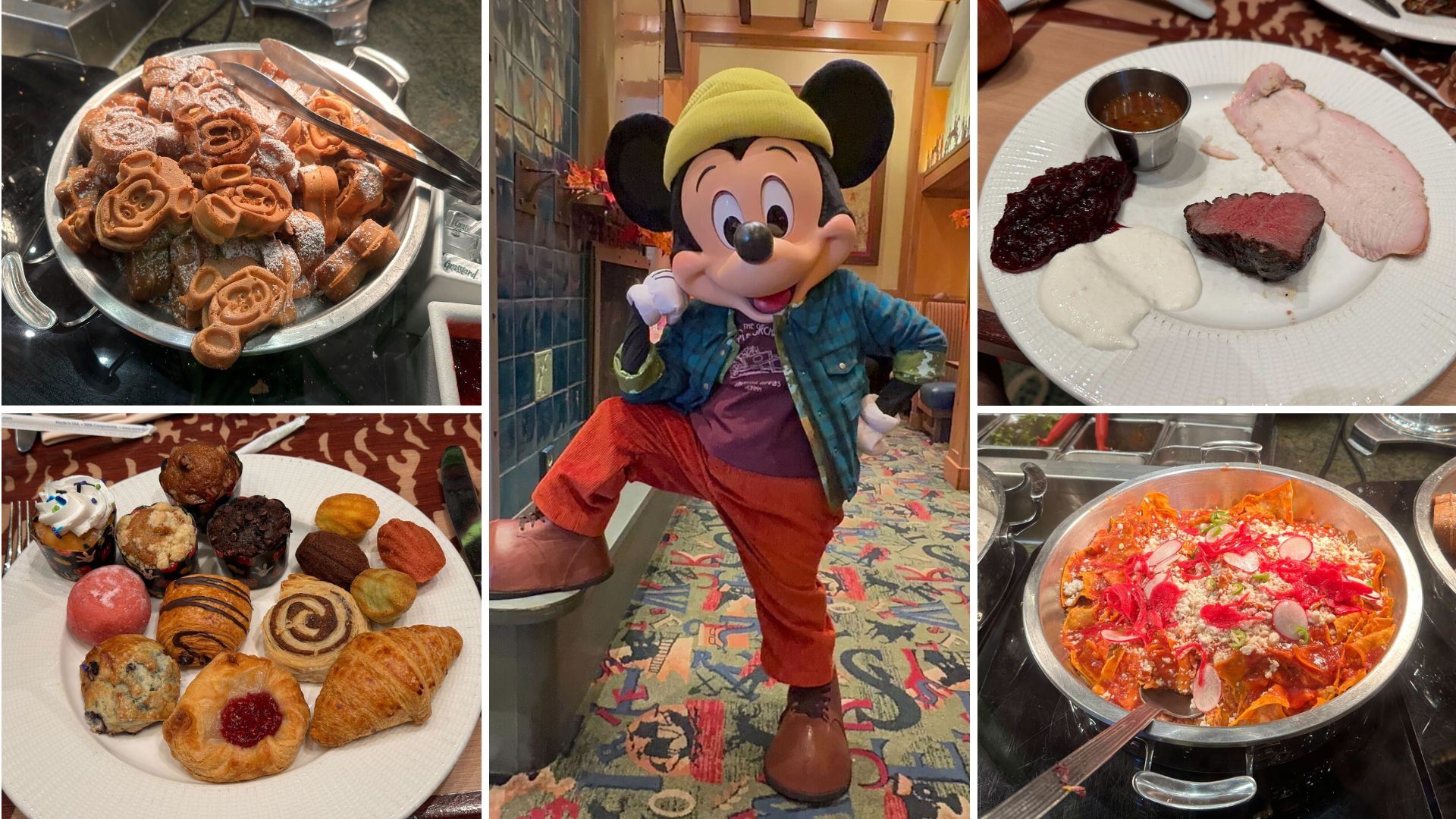 A collage of a buffet featuring assorted pastries, desserts, and main dishes, with a person in a cartoon mouse costume posing in the center, reminiscent of the whimsical atmosphere at Storytellers Cafe.