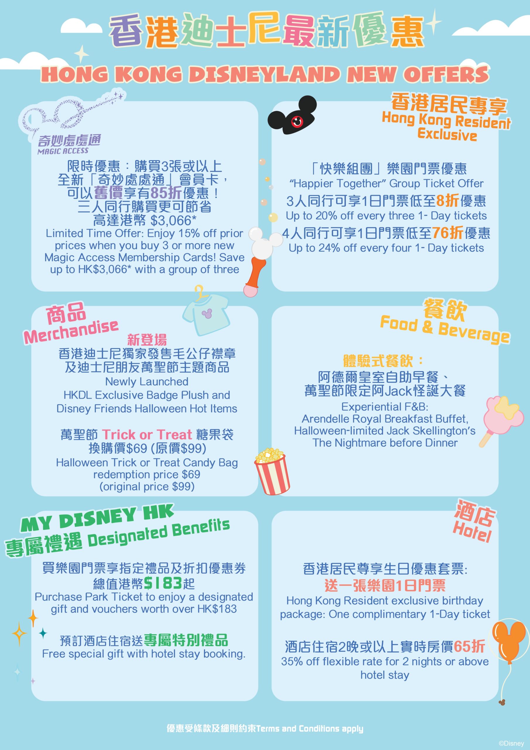 Promotional poster for Hong Kong Disneyland featuring various discounts and offers on tickets, merchandise, food, and hotel stays, including season pass and Halloween-themed items. Act now to avoid the price increase! Text and graphics in Chinese and English.