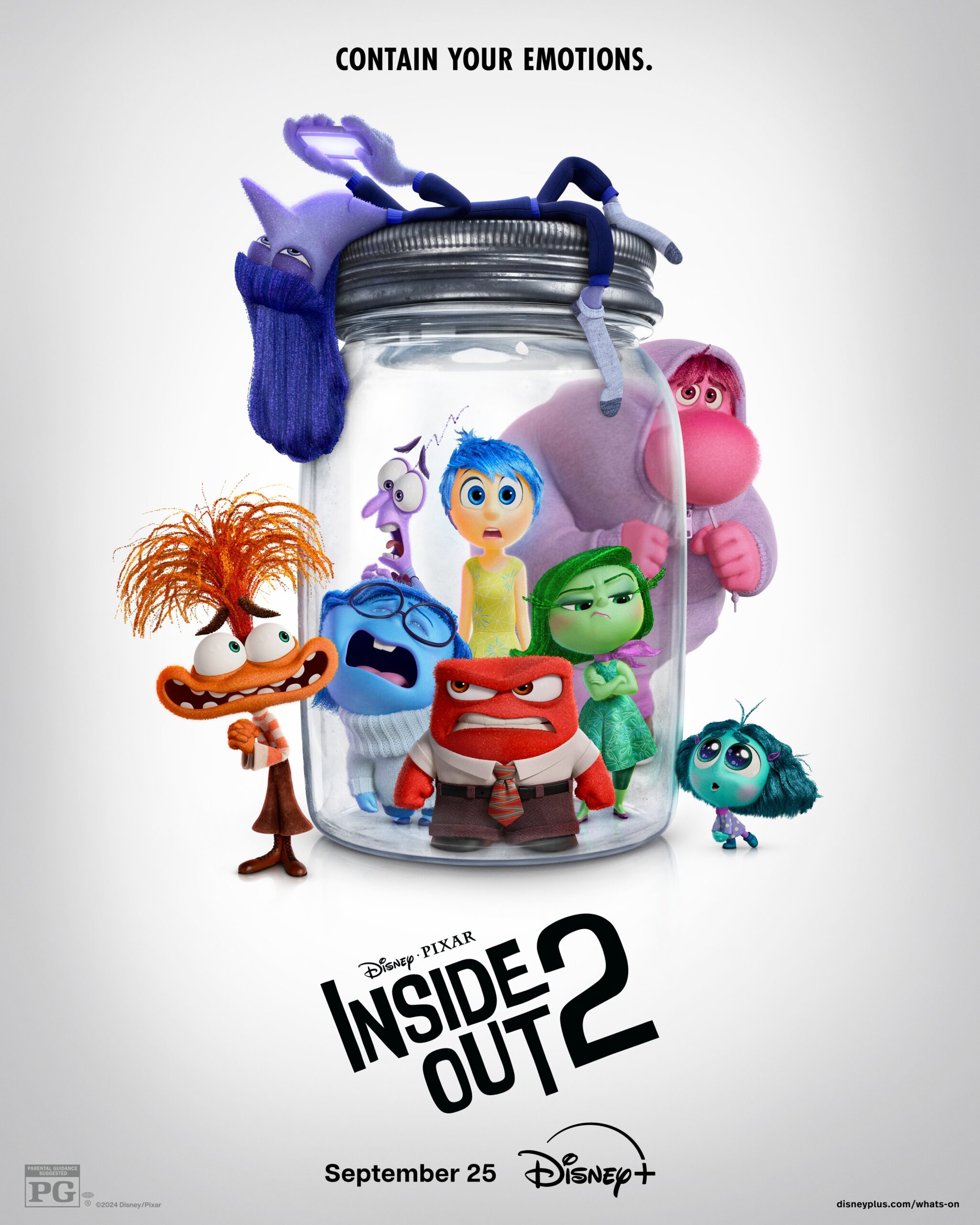 Poster for "Inside Out 2" showing the main characters, emotions trapped in a glass jar, with the text "CONTAIN YOUR EMOTIONS" above. Release date and Disney+ logo are at the bottom.