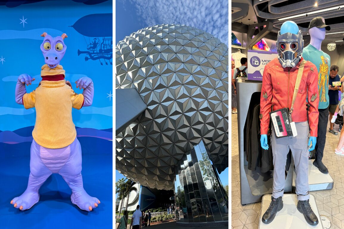 A triptych image for a photo report features a purple dragon character, a geodesic sphere structure at EPCOT, and a mannequin in a space-themed outfit and helmet, capturing the futuristic essence of 2024.