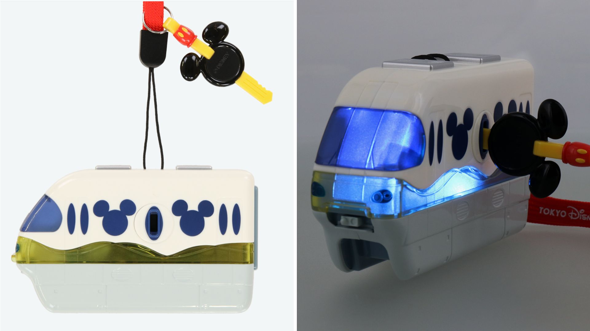 A two-image collage featuring a Light-Up Monorail Toy modeled after the Tokyo Disney Resort Monorail. The keychain has Mickey Mouse symbols and includes a flashlight function, as showcased in the second image.