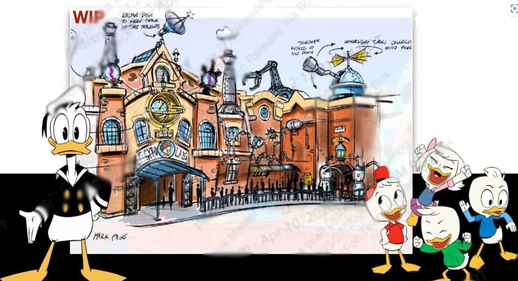 Illustration of a building with cartoonish figures, featuring a duck wearing a black outfit and three smaller ducks alongside a female duck. They all look at the building with various expressions, reminiscent of scenes from DuckTales.