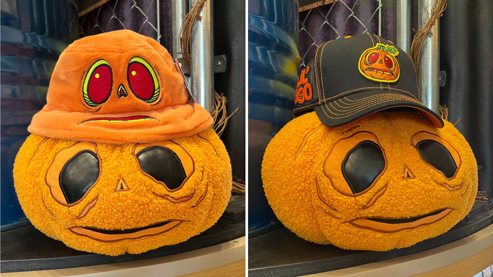 Image of a plush pumpkin head with large sad eyes, first wearing an orange fuzzy hat with similar eyes, and second wearing a black baseball cap with a pumpkin design.